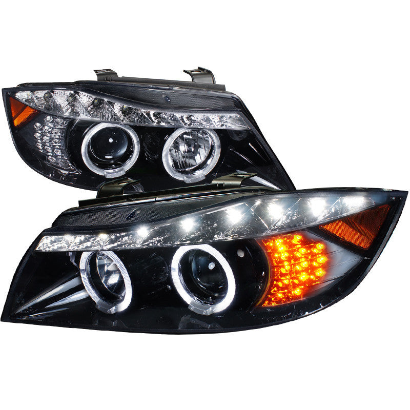 06-08 BMW E90 HEADLIGHT R8 STYLE PROJECTOR HEADLIGHT GLOSS BLACK HOUSING SMOKE LENS 4D SEDAN ONLY AMBER LED CORNER LIGHT