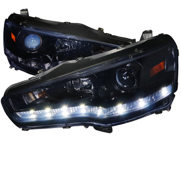 08-12 MITSUBISHI LANCER HEADLIGHT PROJECTOR HEADLIGHT GLOSSY BLACK HOUSING WITH SMOKED LENS R8 STYLE