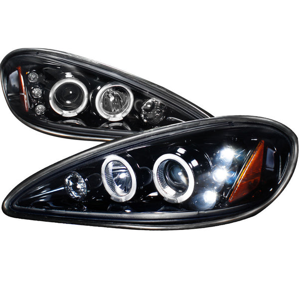 99-05 PONTIAC GRAND AM HEADLIGHT HALO LED PROJECTOR GLOSS BLACK HOUSING WITH SMOKED LENS