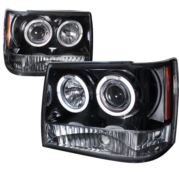93-98 JEEP GRAN CHEROKEE HEADLIGHT HALO PROJECTOR HEADLIGHT GLOSS BLACK HOUSING SMOKE LENS