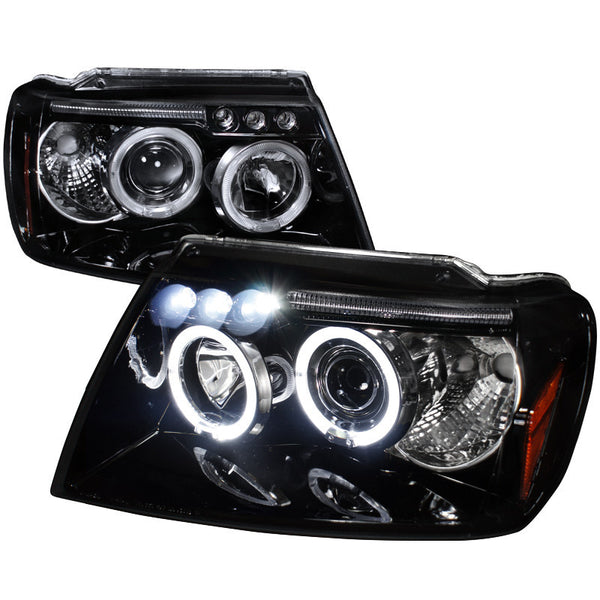 99-04 JEEP GRAND CHEROKEE HEADLIGHT HALO LED PROJECTOR HEADLIGHT GLOSS BLACK HOUSING SMOKE LENS