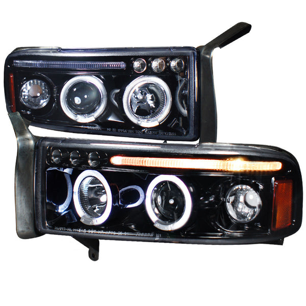 94-01 DODGE RAM HEADLIGHT HALO LED PROJECTOR GLOSS BLACK HOUSING WITH SMOKED LENS