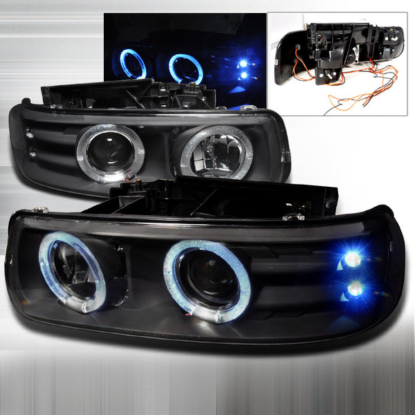 99-02 CHEVY SILVERADO HEADLIGHT DUAL HALO LED PROJECTOR HEADLIGHTS BLACK