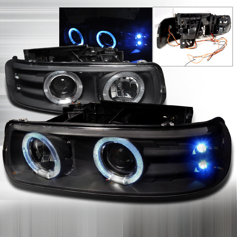 99-02 CHEVY SILVERADO HEADLIGHT DUAL HALO LED PROJECTOR HEADLIGHTS BLACK